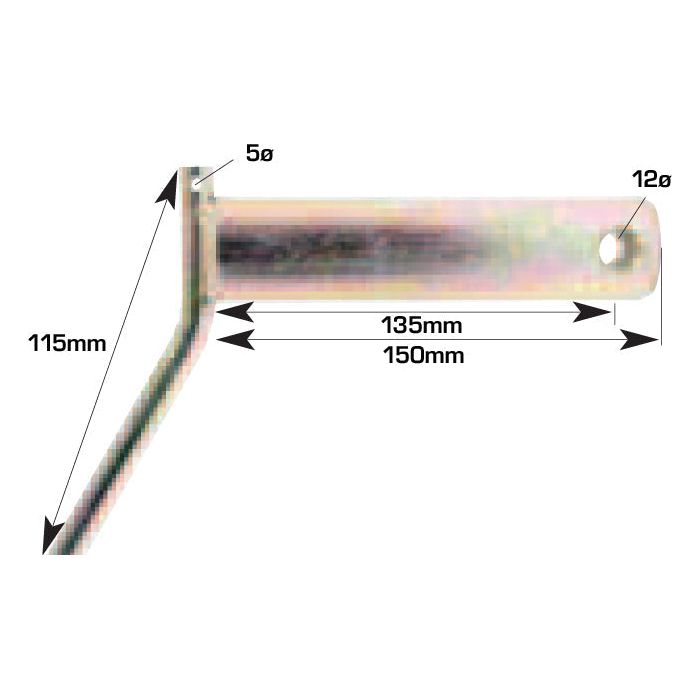 Side view of the Sparex Lower Link Pin - Double Shear (Part No. S.21663) with a 115mm handle length, 135mm body length, and an overall length of 150mm. It features 5° and 12° angles, a hole at the end, and incorporates Sparex technology.
