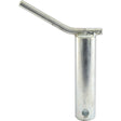 A metal pin-like object with a cylindrical body featuring a hole at the base, an angled handle at the top, and a handle length of 115mm is commonly known as the Lower link pin - Double shear 36x135mm Cat.3 (Sparex Part No.S.21663) by Sparex.