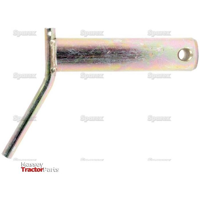 Image of a metallic L-shaped pin with a small hole at one end, specifically designed for use with Massey Ferguson tractor parts. This product, known as the Lower Link Pin - Double Shear 36x135mm Cat.3 (Sparex Part No.S.21663), features a straight handle measuring 115mm and has a slightly angled end.