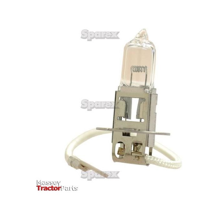 A clear halogen H3 light bulb featuring a metal base and a white braided wire connection, branded with "Sparex" and "Massey Tractor Parts" in overlay. Product Name: Light Bulb (Halogen), 24V, 70W, PK22s (Box 1 pc.), Sparex Part No.S.109976.
