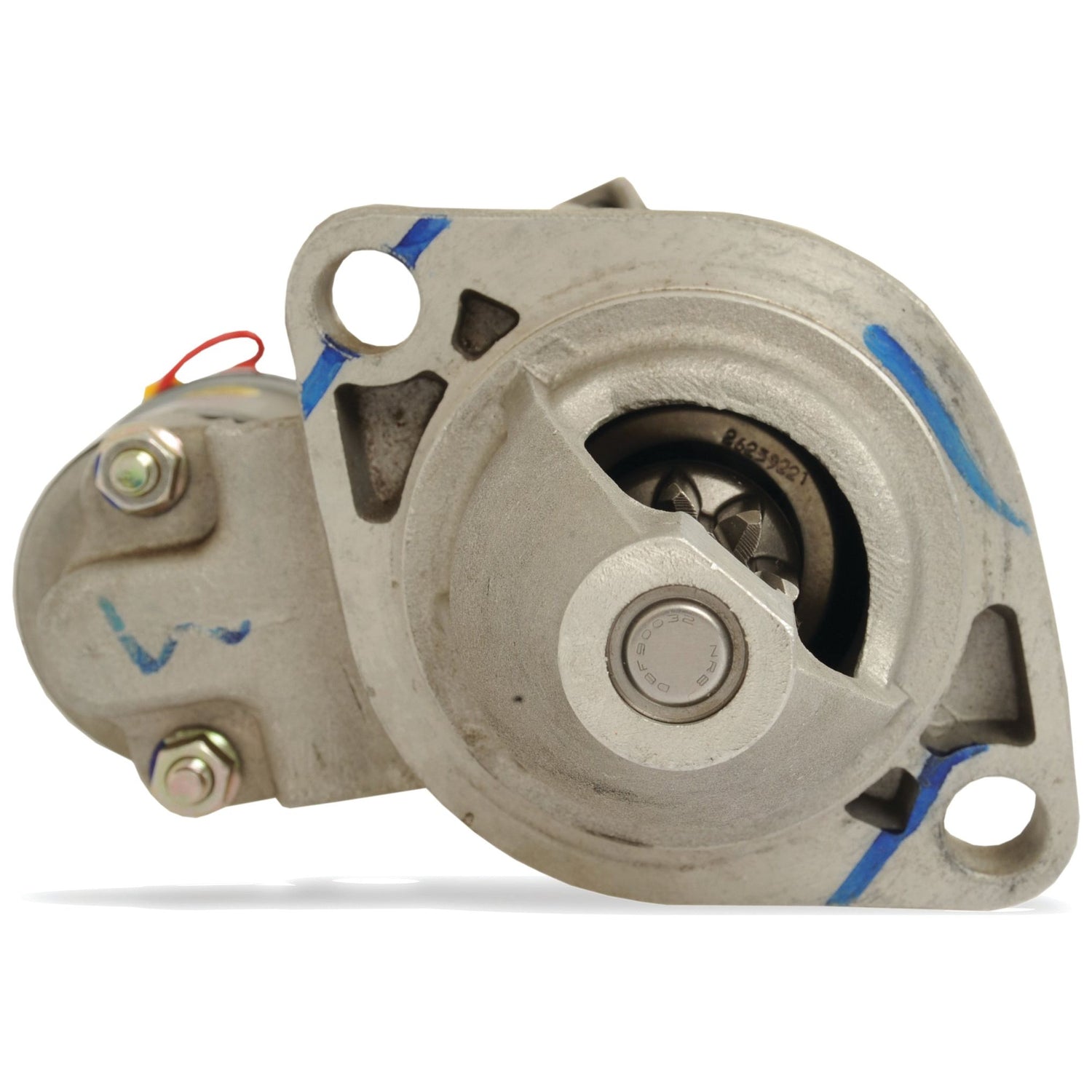 A close-up view of a Sparex Starter Motor - 12V, 0.8Kw (Lucas TVS) on a Massey Ferguson TE20, showcasing its gear housing and electrical connections, with visible blue markings for alignment.