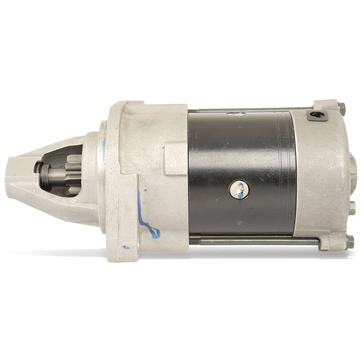 Side view of a Sparex Starter Motor - 12V, 0.8Kw (Lucas TVS) with a cylindrical shape and a gear mechanism on one end, perfect for Massey Ferguson TE20 tractors. Model: S.44096.