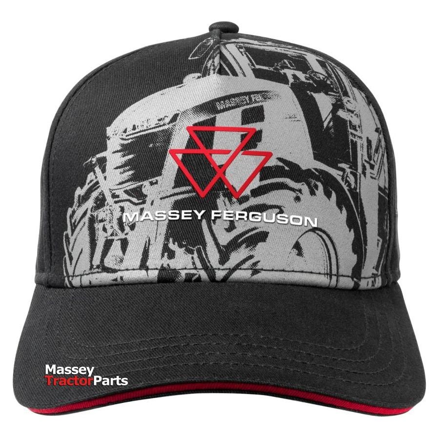 Introducing the Massey Ferguson - MF 8S Cap from the S Collection (product code X993312203000) by AGCO. This black cotton twill cap boasts the MF logo and a tractor image, with "MASSEY FERGUSON" prominently printed on the front and "Massey Tractor Parts" on the side of the brim. It features a size-adjustable buckle for a perfect fit.
