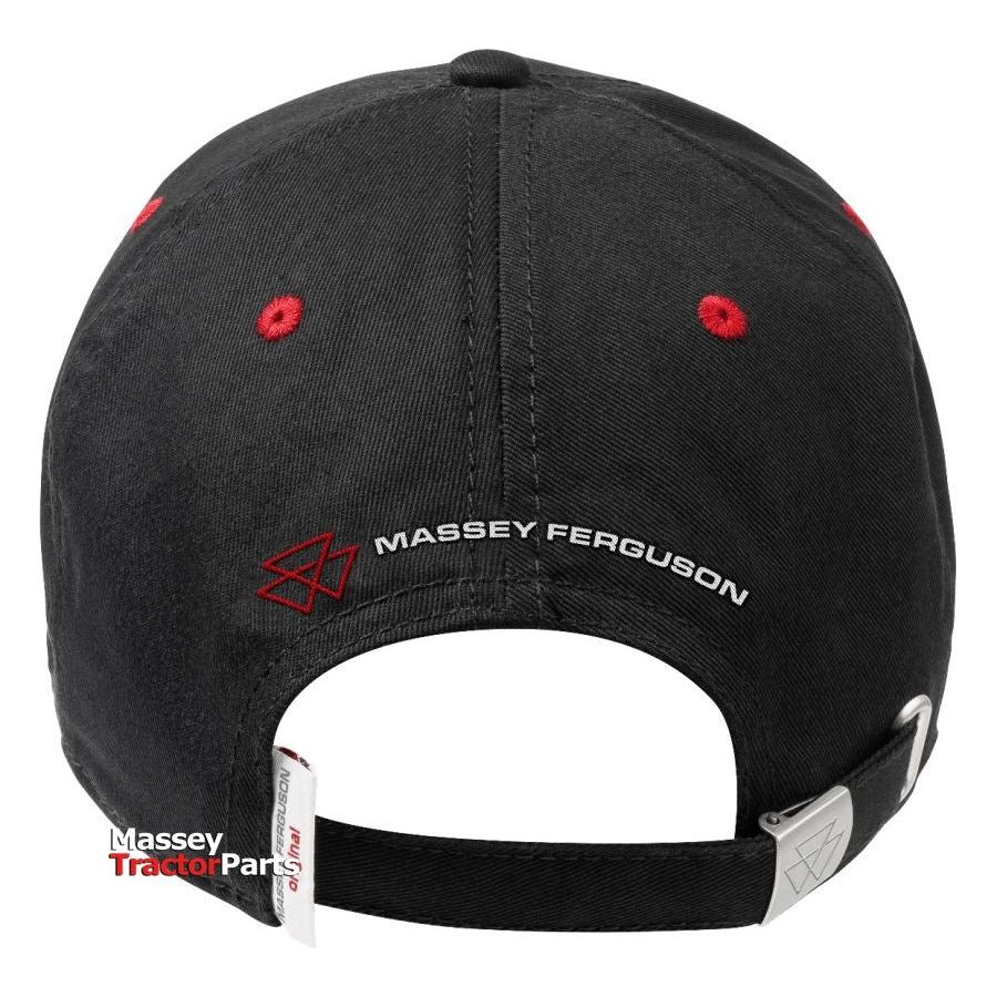 A black baseball cap with red accent stitching, featuring "Massey Ferguson" text and the MF logo on the back, is available under the name Massey Ferguson - MF 8S Cap - S Collection (X993312203000) by AGCO. Made of durable cotton twill, it features a size-adjustable buckle with a metal clasp and a small "Massey Tractor Parts" tag.