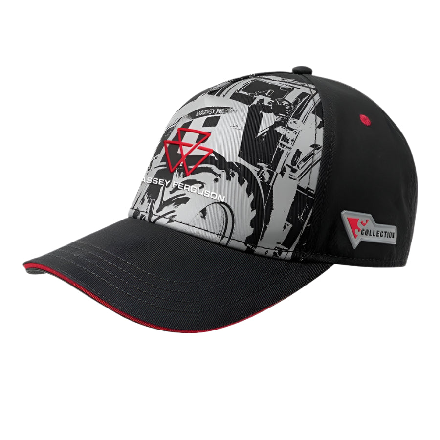 The Massey Ferguson - MF 8S Cap from the S Collection (X993312203000) by AGCO is a black cotton twill baseball cap featuring a Massey Ferguson logo and farm equipment graphic on the front panel, complemented by a size-adjustable buckle and an “MF Collection” patch on the side.