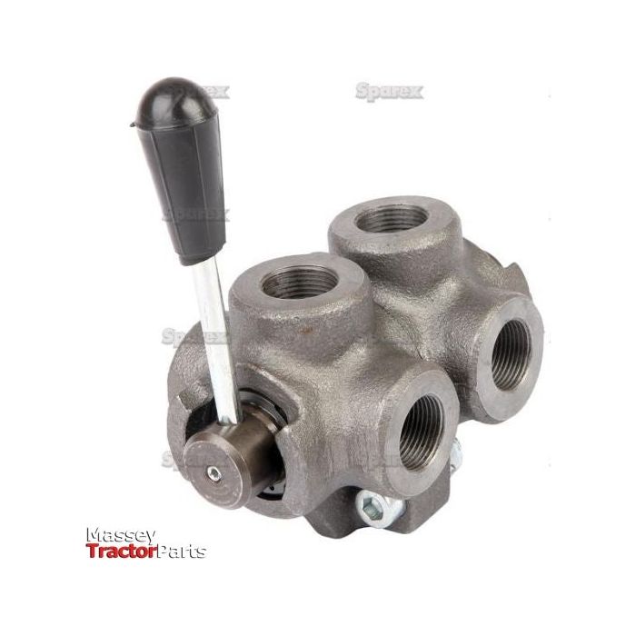 The Hydraulic 6-Way Diverter Valve 3/8BSP - S.101605 by Sparex features three threaded ports and a black lever handle, suitable for Massey Tractor Parts.