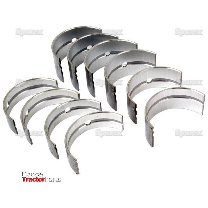 A set of ten Main Bearing +0.010'' (0.25mm) arranged in two rows, with the text "Massey Tractor Parts" visible in the bottom left corner. Ideal for Massey Ferguson and other tractor models, from the Sparex brand, featuring Sparex Part No.S.40336.