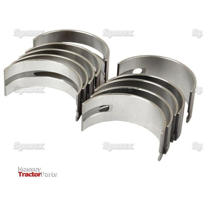 A set of curved metallic main bearings, arranged in two rows, specifically designed for Massey Ferguson 165 tractors. The background is white with visible "Massey Tractor Parts" and "Sparex" logos. Product Name: Main Bearing +0.010'' (0.25mm) (Set) | Sparex Part No.S.40340, Brand Name: Sparex.