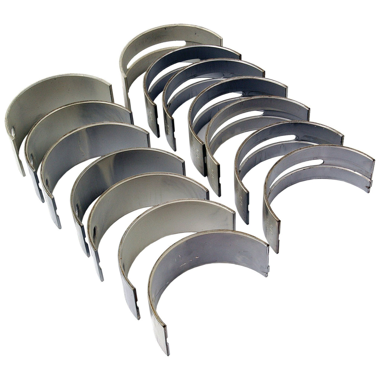 A set of sixteen silver and gray Main Bearings +0.010'' (0.25mm), Sparex Part No.S.42119, ideal for Massey Ferguson, laid out in two organized rows.