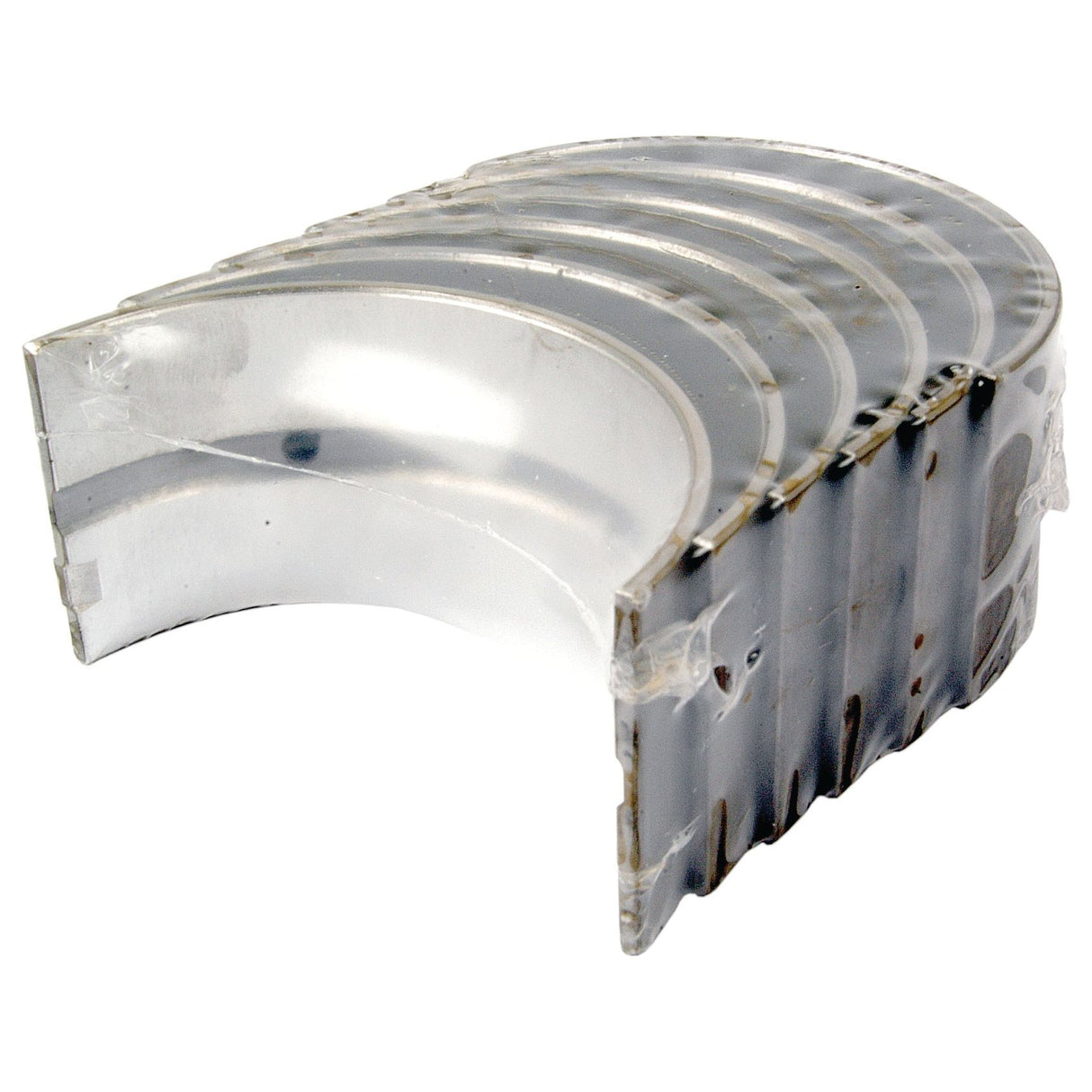 A set of semi-circular main bearings (+0.010'' or 0.25mm), perfect for Landini or Massey Ferguson tractors, arranged in a slightly fanned-out formation - Sparex Part No.S.42368 by Sparex.