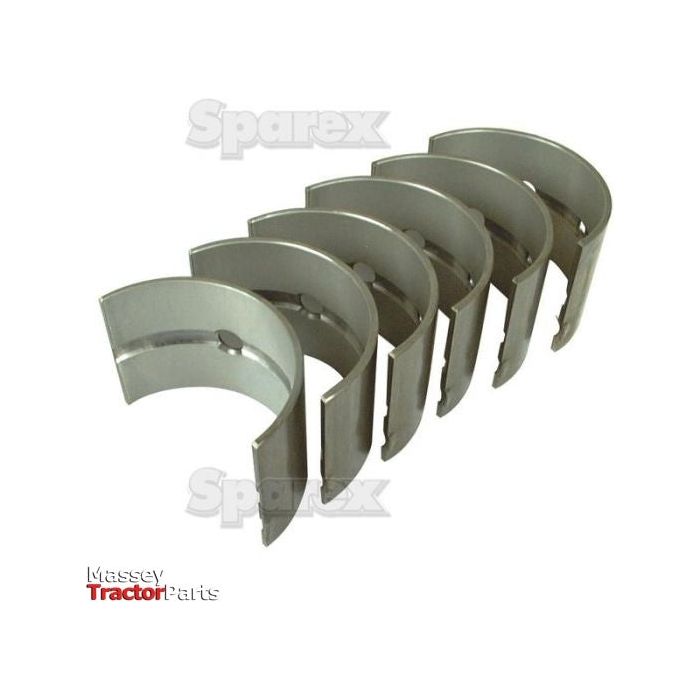 A set of six metallic main bearing engine shells arranged in an arc formation, featuring the "Massey Tractor Parts" logo in the bottom left corner, echoing the quality you expect from Sparex's Main Bearing +0.010'' (0.25mm) Set (Part No. S.57530).