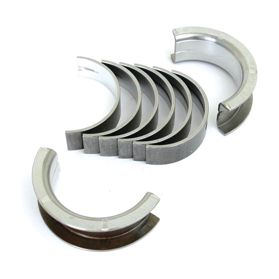 A set of seven Sparex Main Bearings +0.010'' (0.25mm) (Set), Part No. S.57657, arranged in a semi-circular formation, placed on a white background.