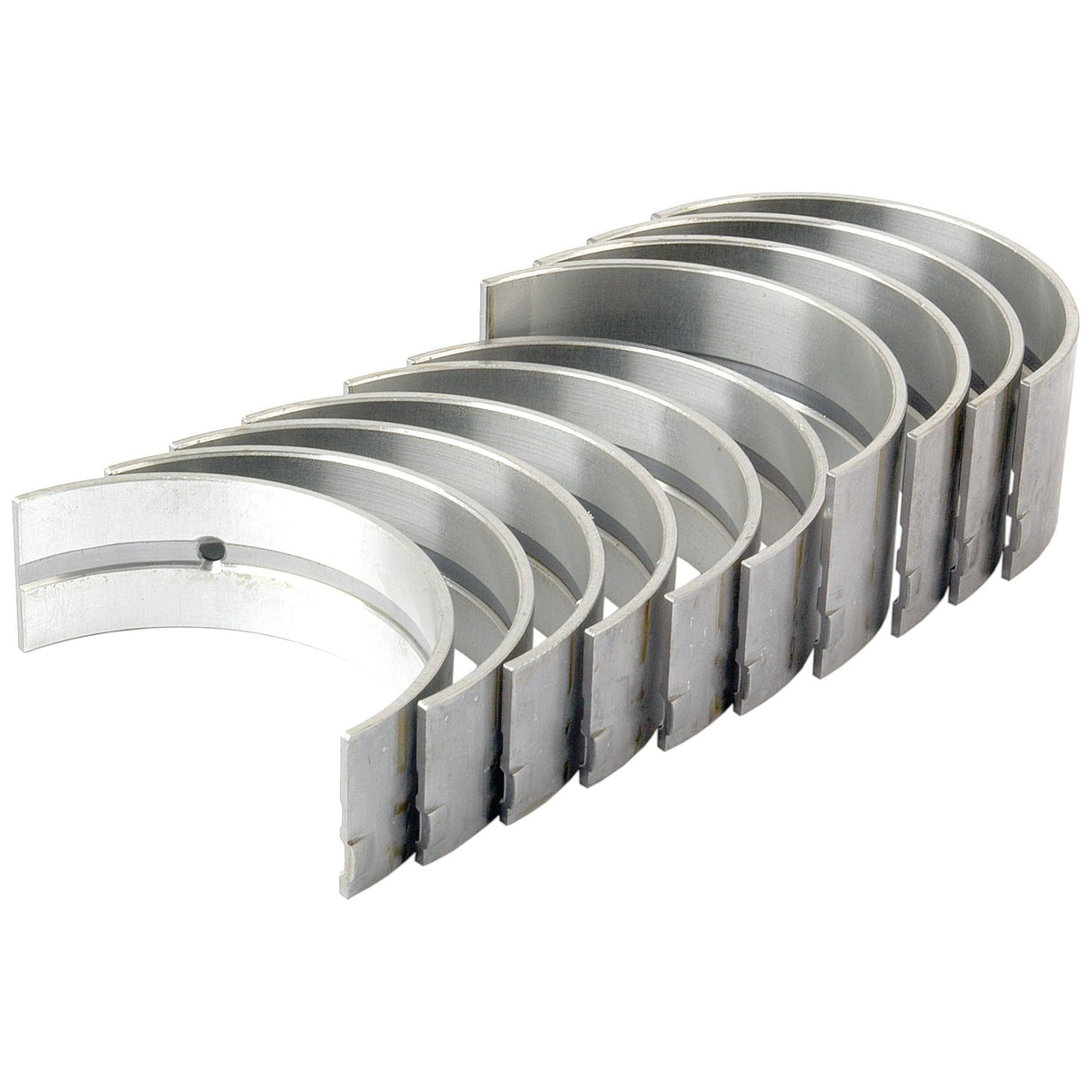 A set of seven Sparex Main Bearing +0.010'' (0.25mm) (Set) | Sparex Part No.S.65214, perfectly machined and arranged side by side, showcasing their curved design. Ideal for Ford / New Holland models.