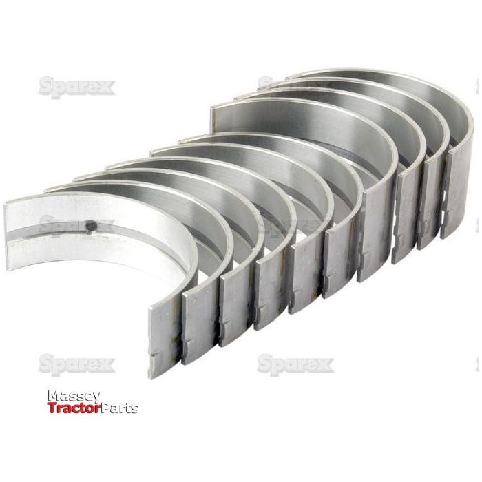 A set of eight curved metal main bearings, arranged in a semi-circle on a white background, featuring logos and text "Sparex," specifically identified as Sparex Part No. S.65214 Main Bearing +0.010'' (0.25mm) (Set).