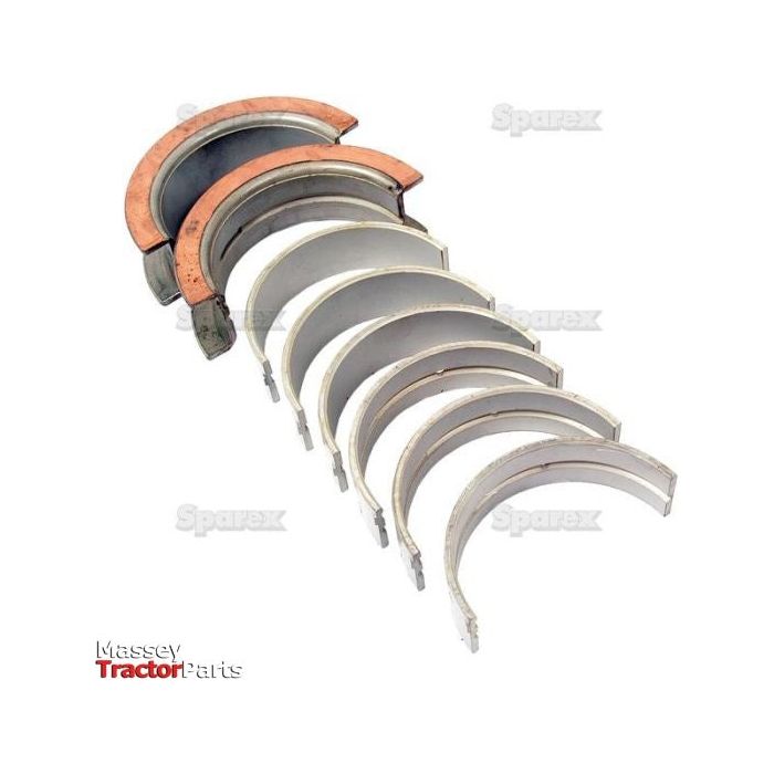 A set of main bearings displayed in a fanned-out arrangement, featuring branding for Sparex and Massey Tractor Parts, with clear compatibility notes for Ford/New Holland. The product is labeled as Main Bearing +0.010'' (0.25mm) (Set), with Sparex Part No. S.65219.