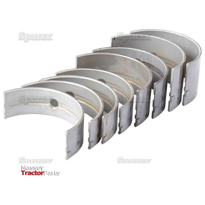 A row of seven metal engine bearings laid out in a semicircular shape, labeled "Main Bearing +0.020'' (0.50mm) (Set)" | Sparex Part No.S.40333 and "Massey Ferguson Tractor Parts.