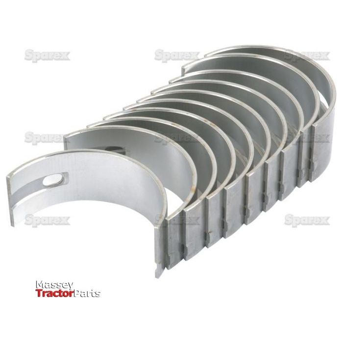 A set of nine precision-engineered Sparex Main Bearings (Part No. S.40341), featuring curved metallic construction with a split opening and a small hole, specifically designed for Allis Chalmers 170 tractors. These bearings are engineered to +0.020'' (0.50mm) specifications for reliable performance.