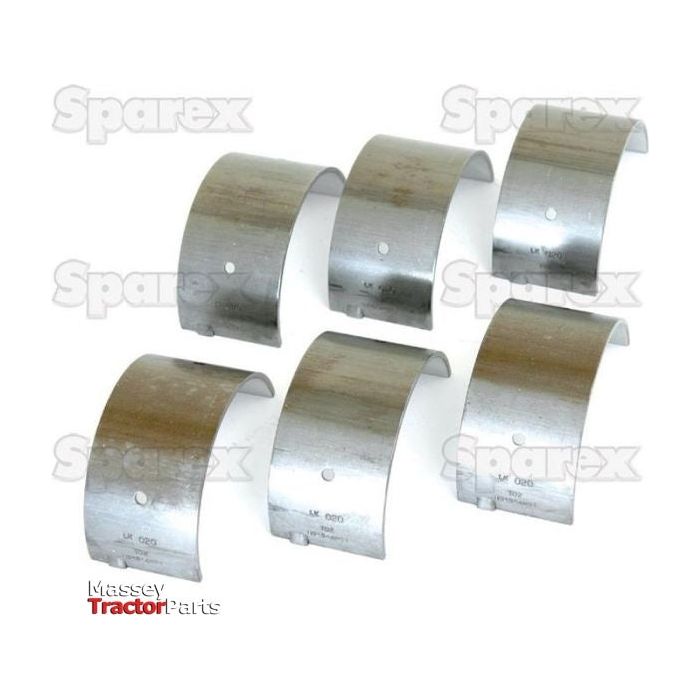 Six half-shell metal bearings arranged in two rows, each with a small hole and "Sparex" watermarks in the background. The logo "Massey Tractor Parts" is located in the bottom left corner. Product Name: Main Bearing +0.020'' (0.50mm) (Set) | Sparex Part No.S.42369 by Sparex