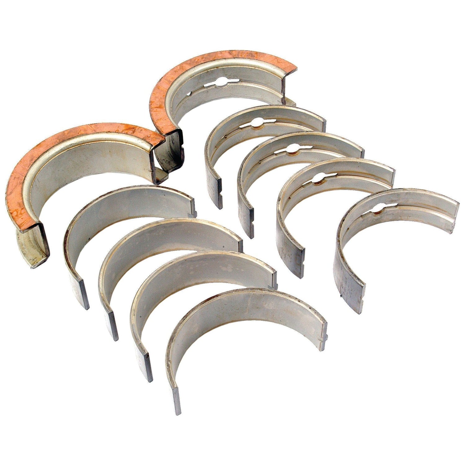 The Sparex Main Bearing +0.020'' (0.50mm) set (Part No.S.66530) consists of ten metal half-cylinder engine bearings, arranged in two parallel rows, with some bearings in the upper row featuring copper-colored backing, specifically designed as a main bearing replacement for Ford / New Holland tractors.