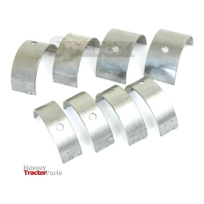 The image shows a set of eight curved metal components featuring small circular holes, arranged in two rows. The text in the image includes "Sparex Perkins" and "Massey Tractor Parts," referring to the Main Bearing +0.030'' (0.75mm) set with Sparex Part No.S.40334 from the brand Sparex.