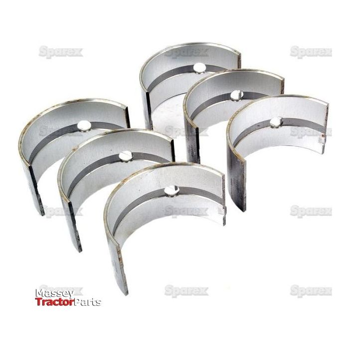 A set of six Sparex Main Bearing +0.030'' (0.75mm) (Part No. S.42426) curved engine bearing shells, arranged in two rows and displayed on a white background, features the "Massey Tractor Parts" logo in the bottom left corner, highlighting their compatibility with Massey Ferguson models and Sparex quality assurance.