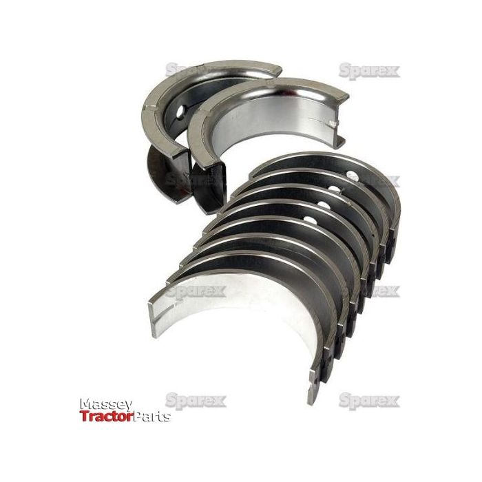 Image of a set of metal crankshaft bearing shells arranged in two stacks, used for Massey and International Harvester tractors. The text "Massey Tractor Parts" is visible at the bottom of the image. These bearing shells are identified as "Main Bearing +0.030'' (0.75mm) (Set)", Sparex Part No.S.57662 by Sparex.