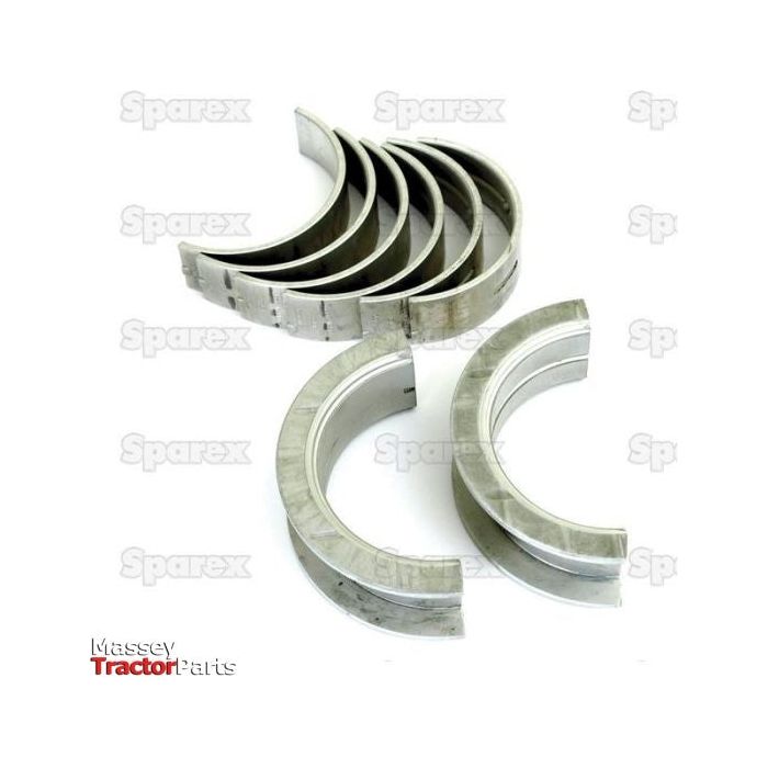 A set of seven curved metal engine bearings, labeled "Sparex" and "Massey Tractor Parts," arranged on a white background. Suitable for Ford/New Holland and Case IH models. Product name: Main Bearing +0.030'' (0.75mm) (Set) | Sparex Part No.S.65221.