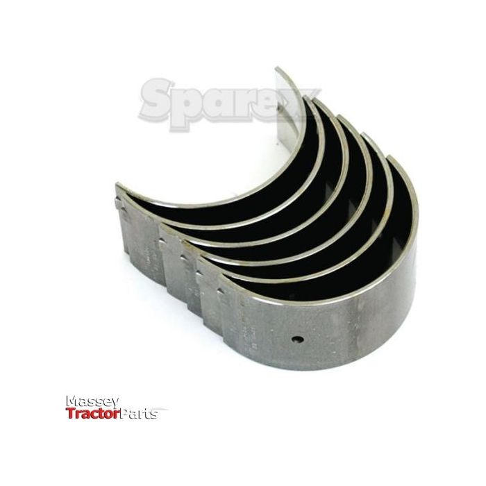 A set of six metallic engine bearings stacked in a semi-circular arrangement, displayed on a plain white background with "Massey Tractor Parts" text visible in the image. The product, Main Bearing Std. (Set) with Sparex Part No. S.42367, adheres to Massey Ferguson standards and is branded under Sparex.