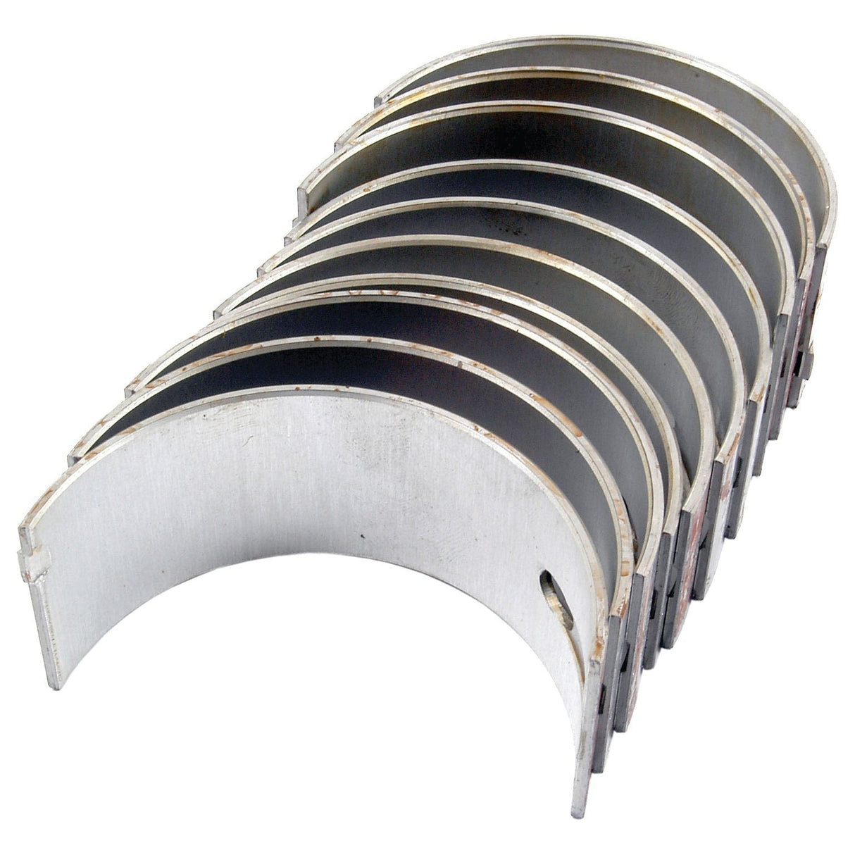 A set of Sparex Main Bearing Std. (S.42918) is arranged in a semicircular stack, each bearing uniformly aligned, perfect for Perkins and Massey Ferguson machinery.