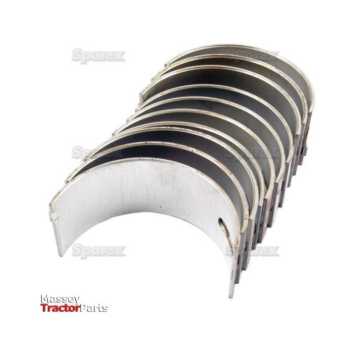 The image showcases a set of main engine bearings arranged in a semi-circular stack, with "Massey TractorParts" and "Sparex" prominently visible. This Sparex Main Bearing Std. Set (Part No. S.42918), suitable for Massey Ferguson and Perkins engines, ensures you have reliable replacement parts on hand.