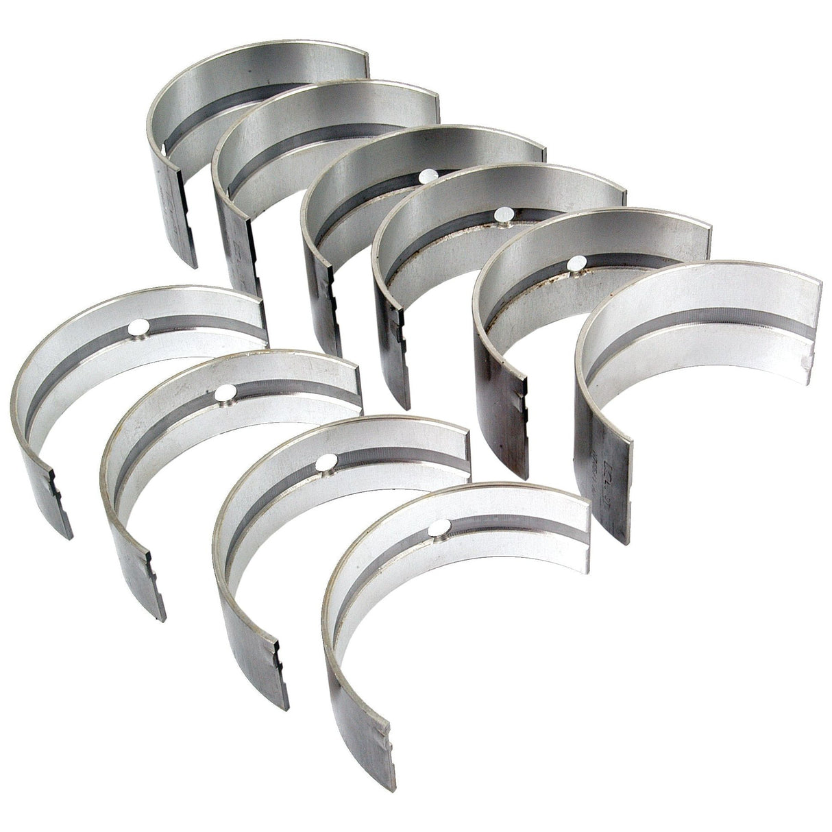 A set of ten Main Bearing Std. (Set) metallic engine bearing shells arranged in two rows, perfect for use in Leyland machinery. Each Sparex Part No.S.52619 bearing, under the brand name Sparex, features a curved shape with a hole in the center.