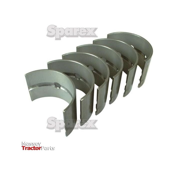 A set of six semi-circular metal engine bearing shells, arranged in a staggered formation. The image features "Massey Tractor Parts" and "Sparex" logos in the background, with the part number S.57527 subtly displayed.