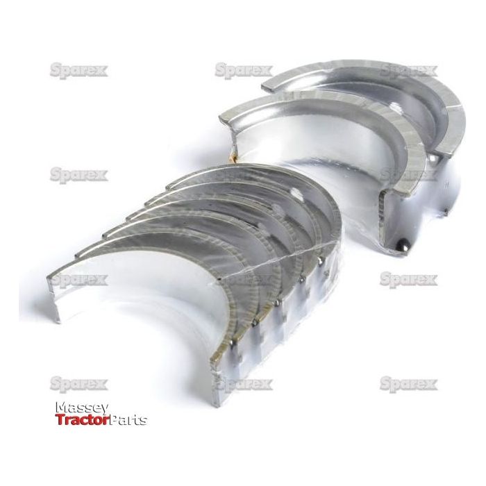A set of gleaming Main Bearing Std. (Set) shells, part number S.57654, arranged in a staggered manner on a white background. The image features "Spares" watermarks and the "Massey Tractor Parts" logo alongside the Sparex emblem in the corner.