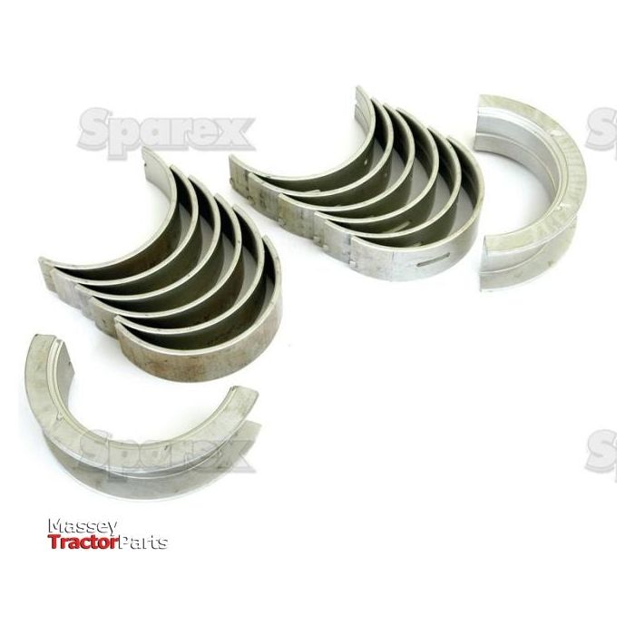 Assorted metal engine bearings and parts arranged in a semi-circle, with branding text for Massey Tractor Parts, Sparex (Main Bearing Std. Set | Part No. S.66035), and Case IH / International Harvester visible in the background.