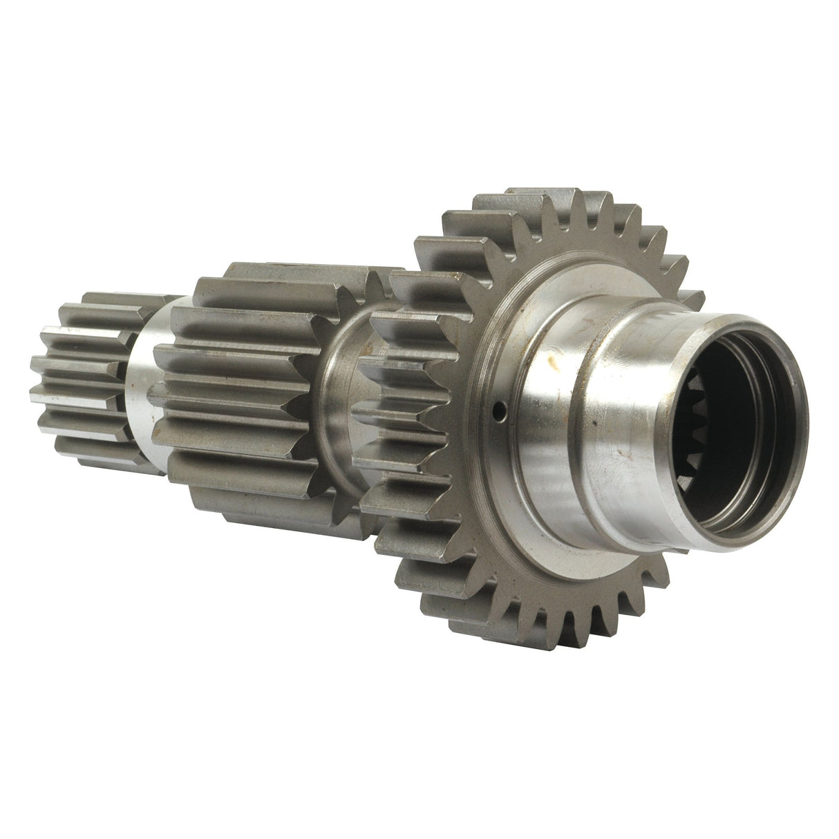 Close-up of a metallic gear mechanism with interlocking teeth and a cylindrical Main Shaft (Sparex Part No.S.65343) by Sparex, isolated on a white background.