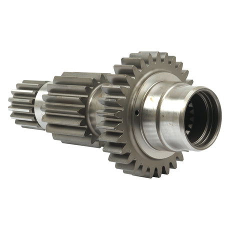 Close-up of a metallic gear mechanism with interlocking teeth and a cylindrical Main Shaft (Sparex Part No.S.65343) by Sparex, isolated on a white background.