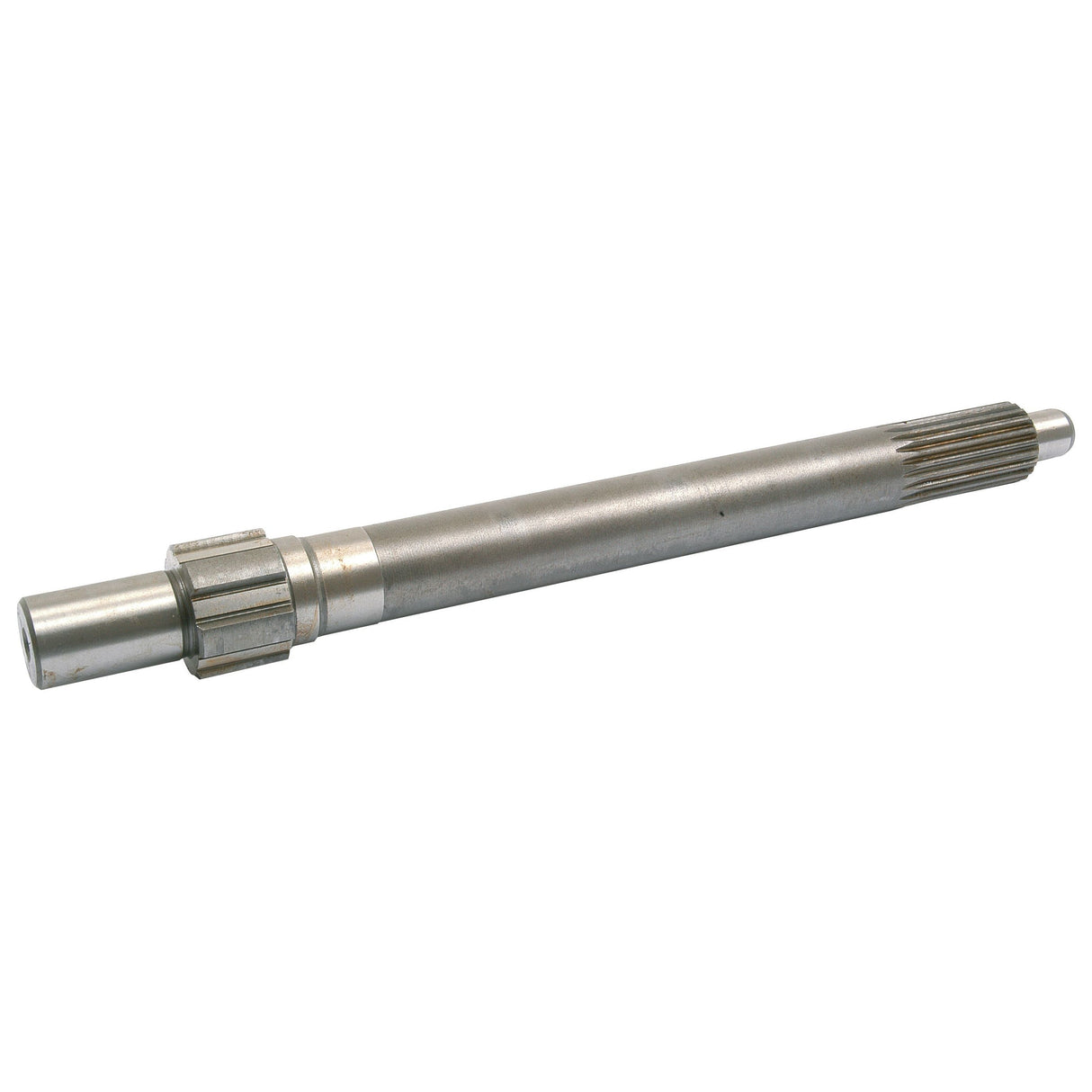 A Sparex Main Shaft (Sparex Part No.S.43437) featuring multiple grooves and a 21 spline threaded end, positioned horizontally on a white background, commonly used in Massey Ferguson machinery.