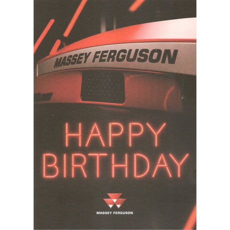 Close-up of a Massey Ferguson tractor front with "Happy Birthday" in illuminated red text below the brand name, perfect for kids' birthday cards.