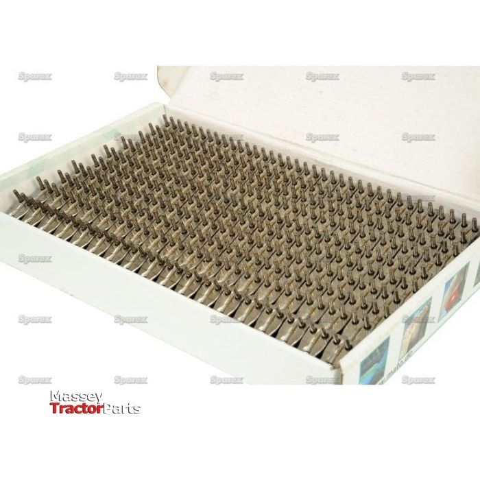 A box filled with multiple rows of Belt Fasteners - U24BS, each measuring 220mm, organized neatly in a grid layout. The box lid is open, revealing the fasteners inside, ready for use with the Mato hammer system. This product is available under Sparex Part No.S.110558 and fits model 411142404.
