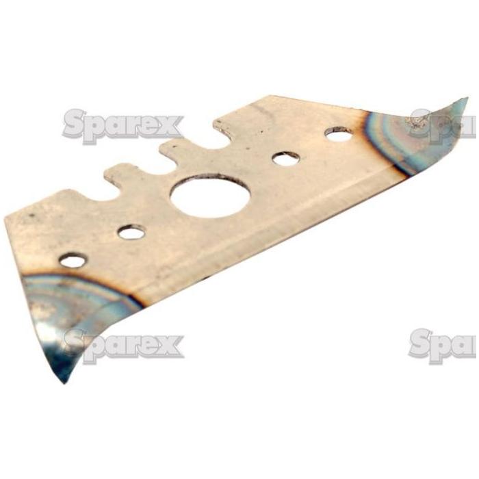 A close-up image of a metal blade with two sharp edges and several holes, placed on a white background. The blade, branded with the text "Sparex," is part of the Blade Kit suitable for belt skivers (5 pcs.), fitting as 411295828 under Sparex Part No. S.110555, perfect for Mato replacement parts for universal tractors.