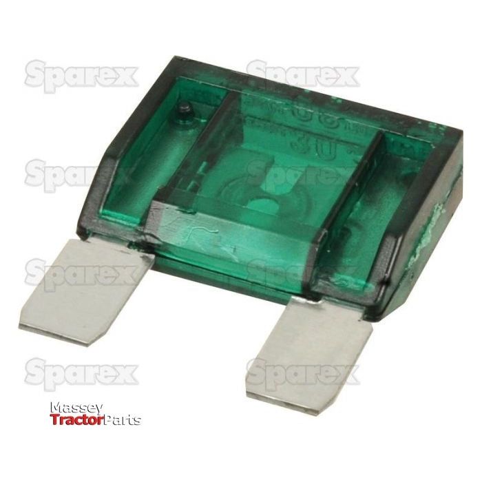 A Maxi Blade Fuse, 30 Amps Green (Sparex Part No. S.26302) by Sparex with metal prongs.