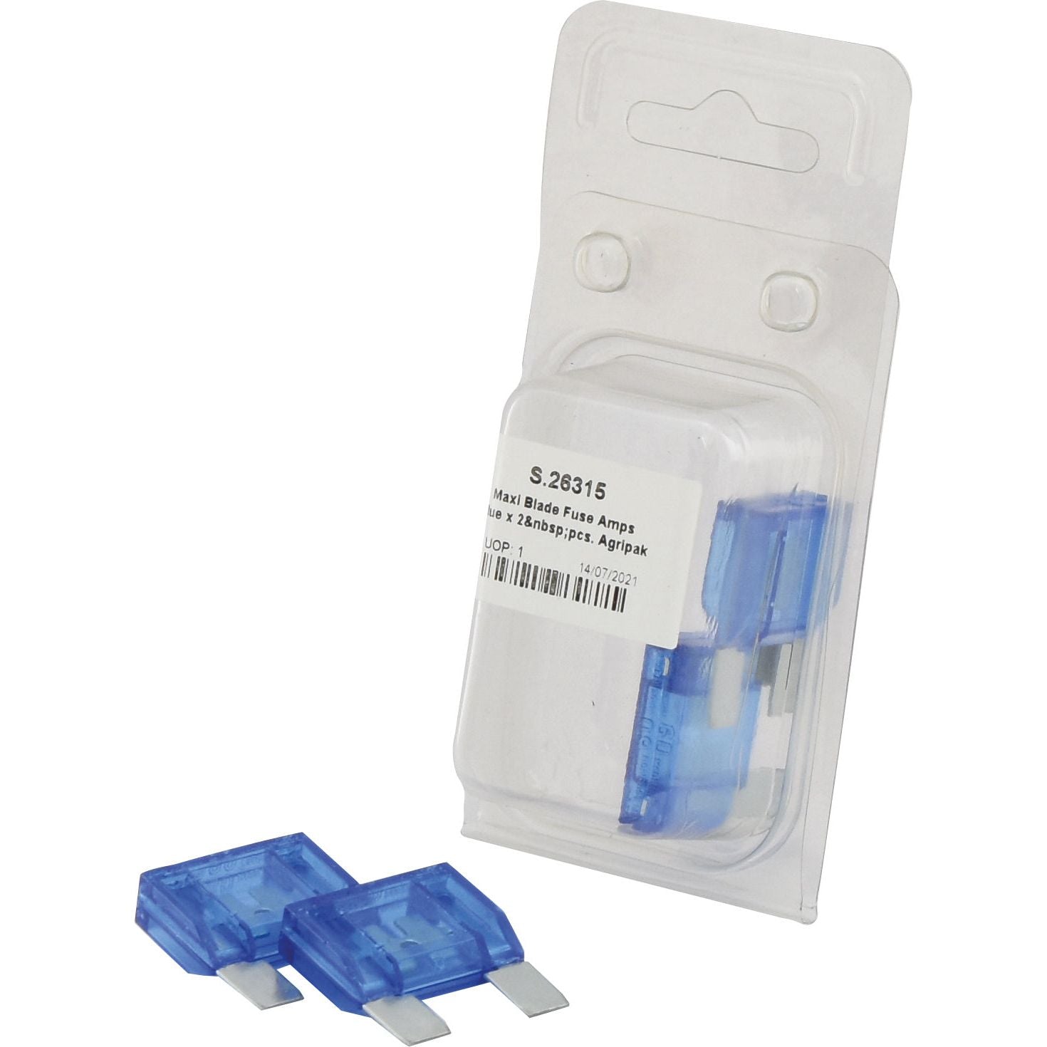 A package labeled "Agripak Maxi Blade Fuse 60 Amps, 2 pieces" with two blue blade fuses displayed in front of it.