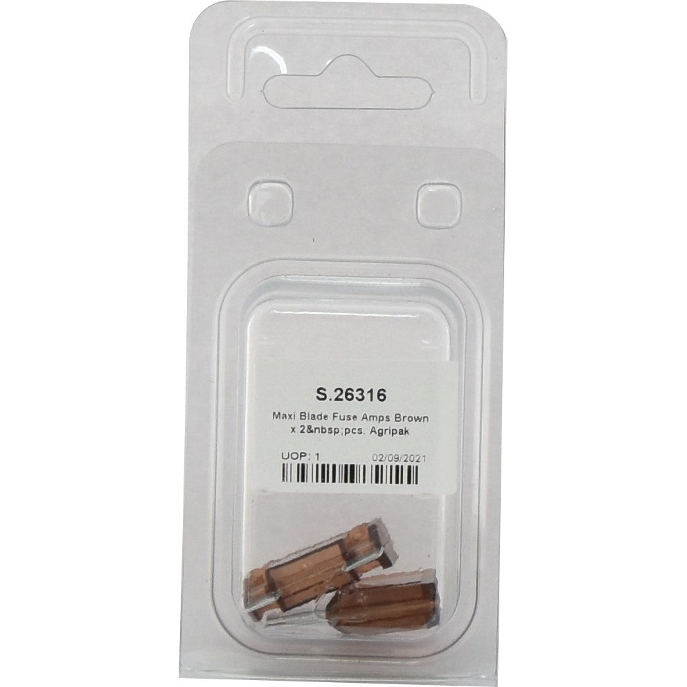 Plastic packaging containing two brown Maxi Blade Fuses, labeled "Maxi Blade Fuse 70 Amps Brown x 2 pcs. Agripak" from Sparex.