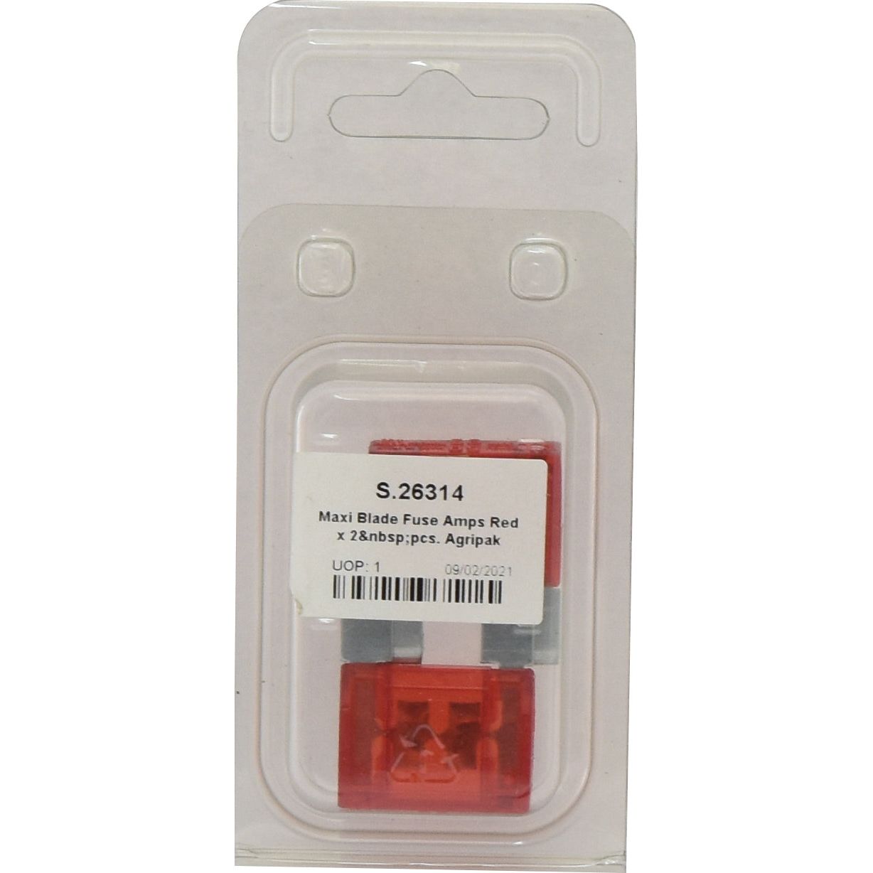 A clear plastic packaging contains two red maxi blade fuses labeled as "Maxi Blade Fuse 50 Amps Red x 2 pcs. Agripak | Sparex Part No. S.26314" by Sparex.