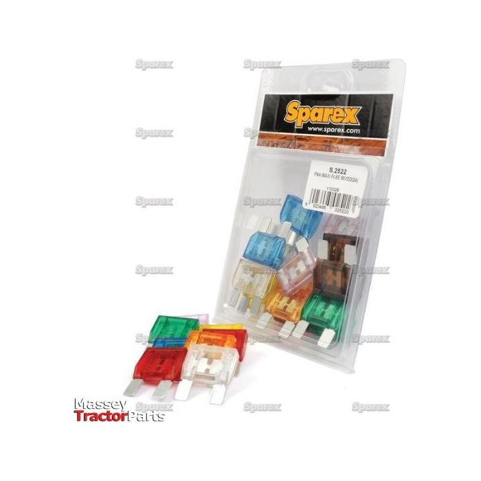 A transparent Agripak labeled "Sparex" containing 24 assorted Maxi Blade Fuses ranging from 20 to 100 amps. This product is known as the Maxi Blade Fuse Assorted Pack and is identified by the Sparex Part No. S.2522.