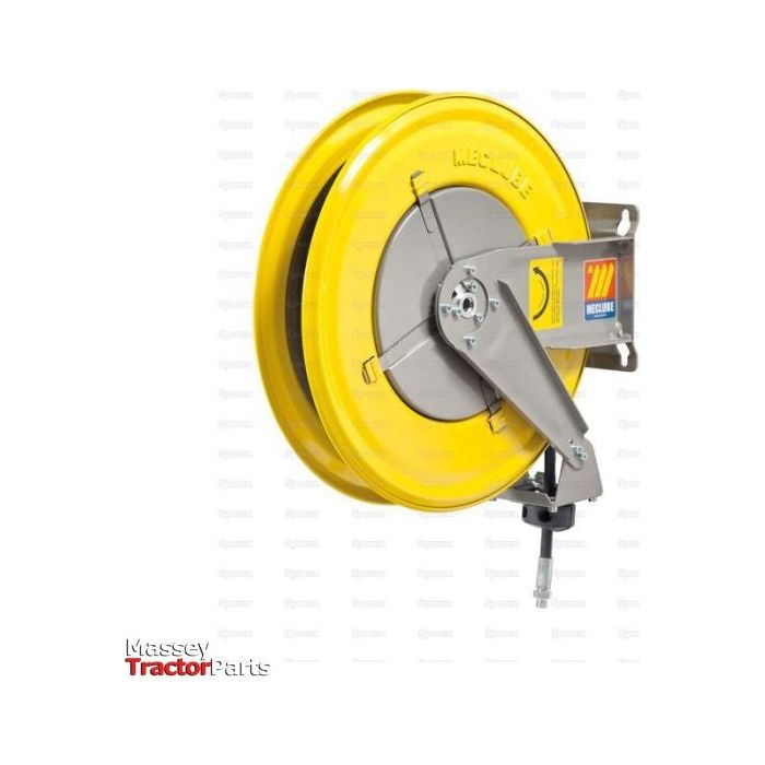 A yellow and gray Retractable Hose Reel Air / Water, 1/2'' x 15M - S.156541 by Sparex, featuring a synthetic black rubber hose and the text "Macnaught" visible on the side next to a small Massey Tractor Parts logo.