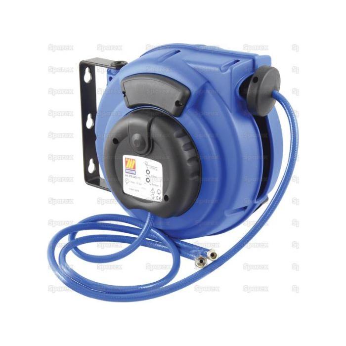 Image of a blue Sparex retractable hose reel for air and water, 1/4'' x 12M (S.156538), featuring a black mount, a coiled Meclube hose inside the reel, and nickel-plated brass connections.