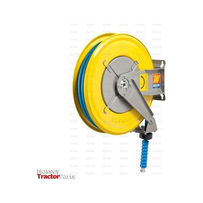 Image of a Sparex retractable hose reel with a yellow casing and blue synthetic rubber hose, mounted on a metal bracket. Text on the bottom left corner reads "Massey Tractor Parts." 15m hose by Meclube.