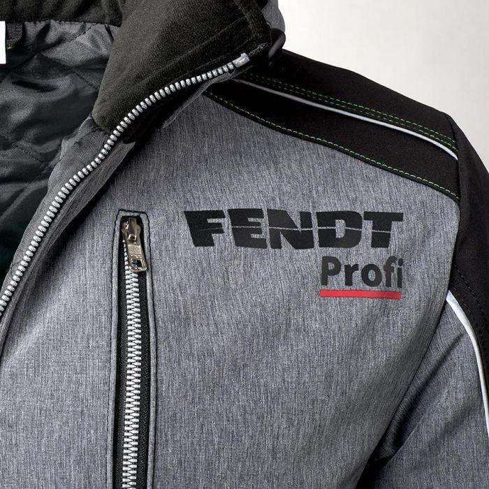 Close-up of the stylish Fendt - Men's Profi Winter Softshell Jacket, model X99102026C by AGCO, showcasing its grey color with black and white accents, the "FENDT Profi" logo on the chest, and a zippered pocket.