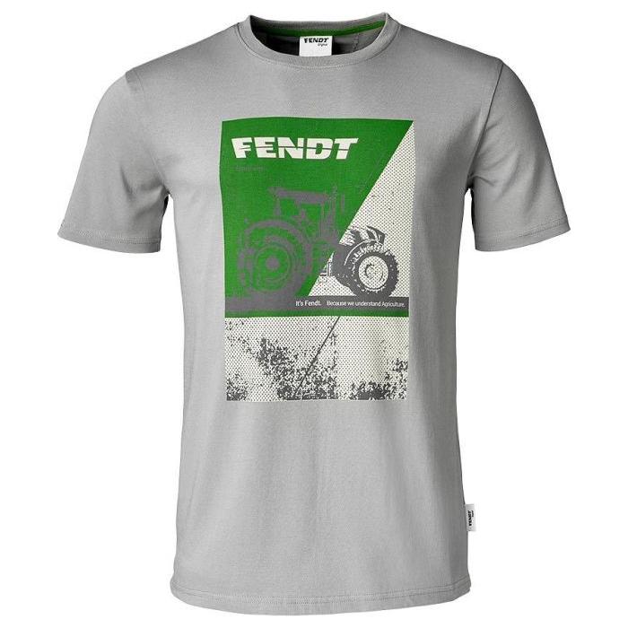 AGCO's Fendt - Men's T-shirt Print - X99102017C features a gray round-neck design with a vintage-look print of a tractor in green and purple, along with the word "FENDT" at the top. The lower part of this pure cotton T-shirt includes a blurred tree branch and text.